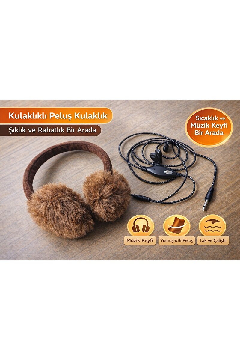 UNİSEX AYARLANABİLİR PELUŞ MÜZİKLİ KULAKLIK - KABLOLU TELEFON UYUMLU KIŞLIK KULAK ISITICI 2. görsel