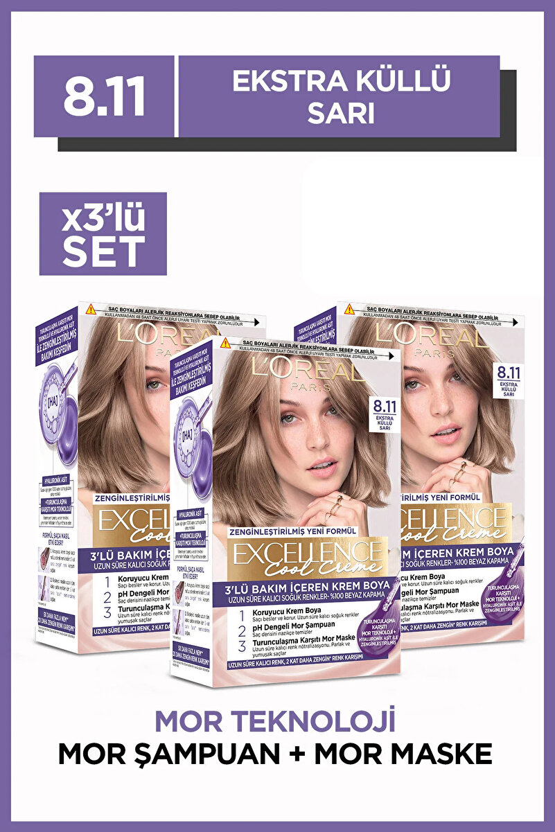 Excellence Cool Creme Saç Boyası – 8.11 Ekstra Küllü Sarı 3'lü Set 1. görsel