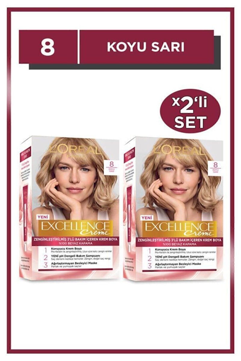 Excellence Creme Saç Boyası 8 Koyu Sarı 2'li Set 1. görsel