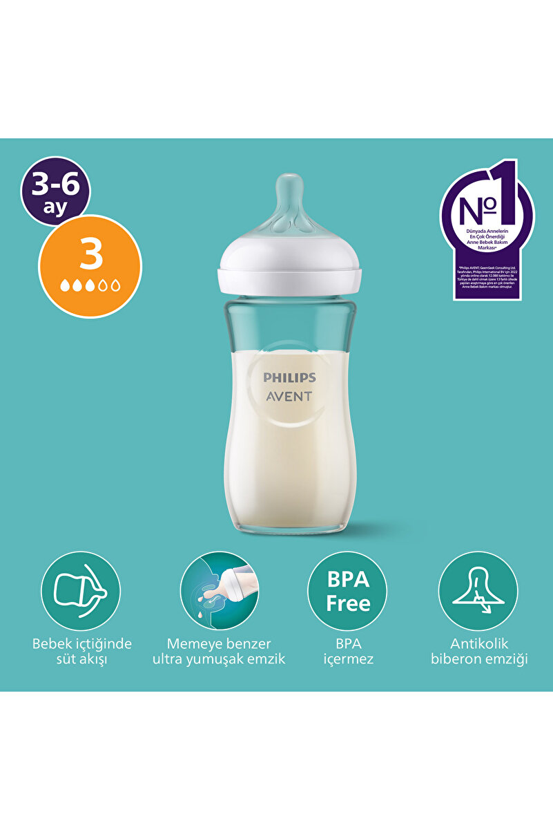 Doğal Tepkili Cam Biberon, 240ml, 3-6  Ay, SCY933/01