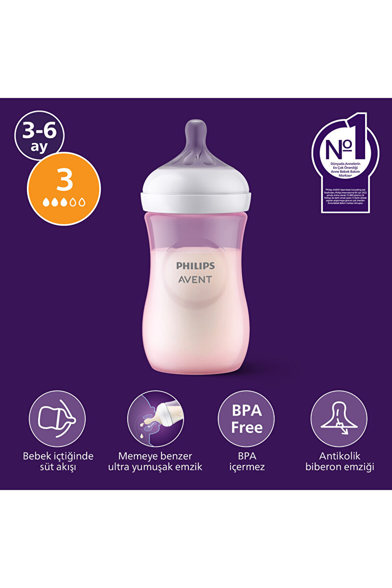 Doğal Tepkili PP Pembe Biberon, 260ml, 3-6 Ay, SCY903/11 1. görsel