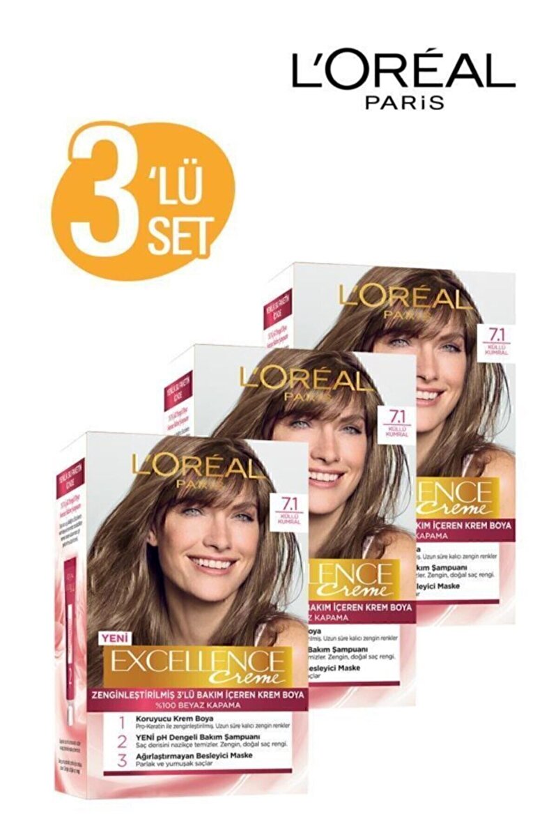 Excellence Creme Saç Boyası - 7.1 Küllü Kumral 3'lü Set