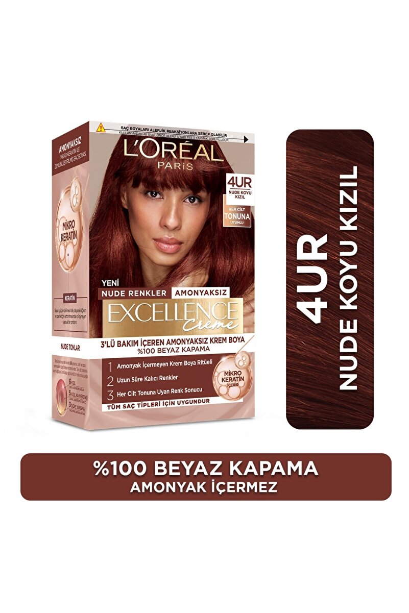 Excellence Creme Amonyaksız 4UR Nude Koyu Kızıl Saç Boyası 1. görsel